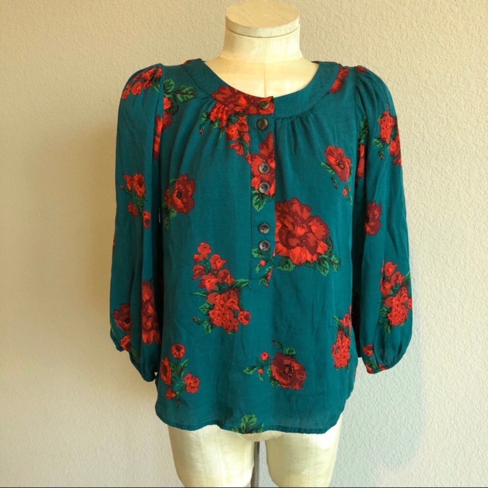 Anthro Maeve teal with pink/red floral top